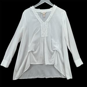 Sundance Womens Long Sleeve Ruffle Neck Hi Lo Blouse Size M‎ White Cotton Boho